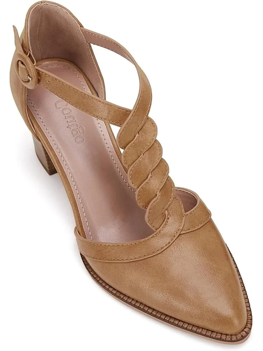 Women's Khaki Chunky Heels T Strap Pointed Toe Stacked Heeled Sandals Pumps
